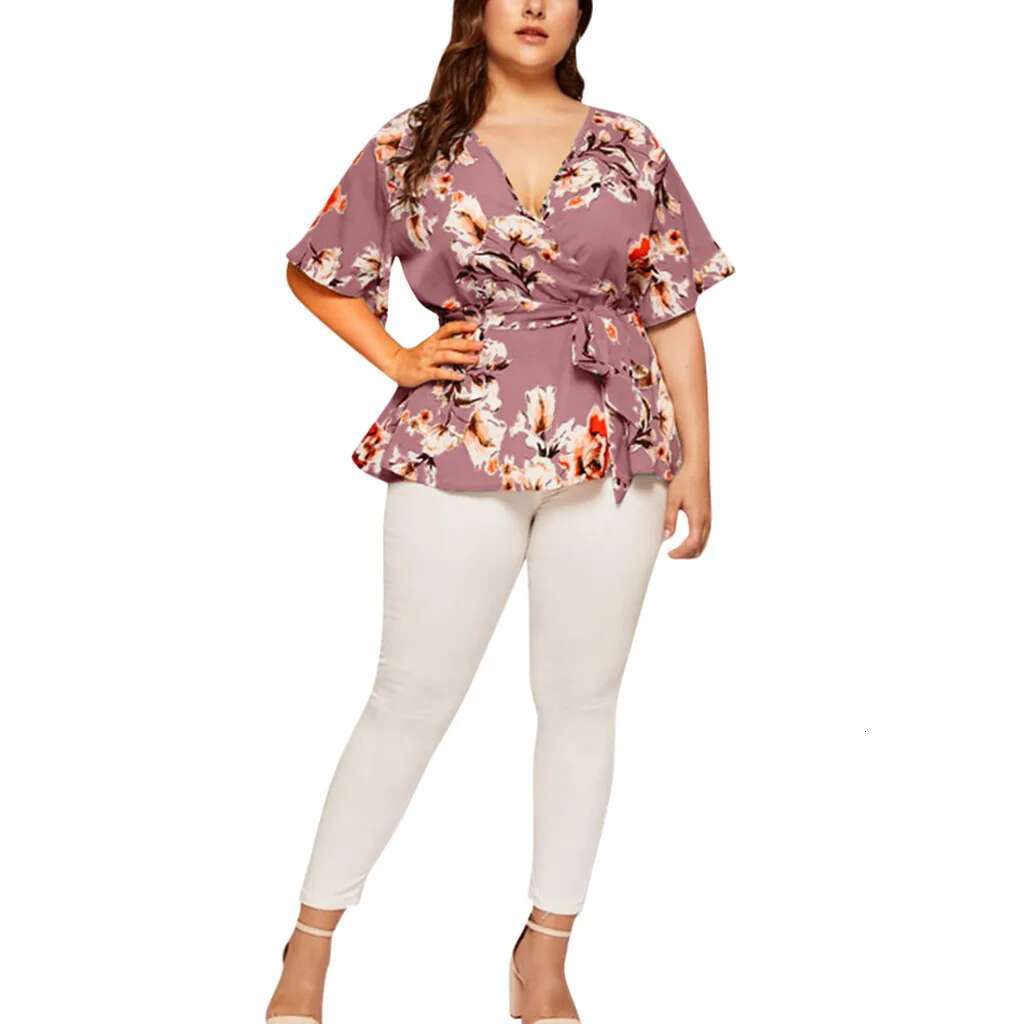 Edressu 2022 Plus Size Women Chiffon Blouse Print V Neck Shirt Tops Casual Office Lady Wear Kym-802