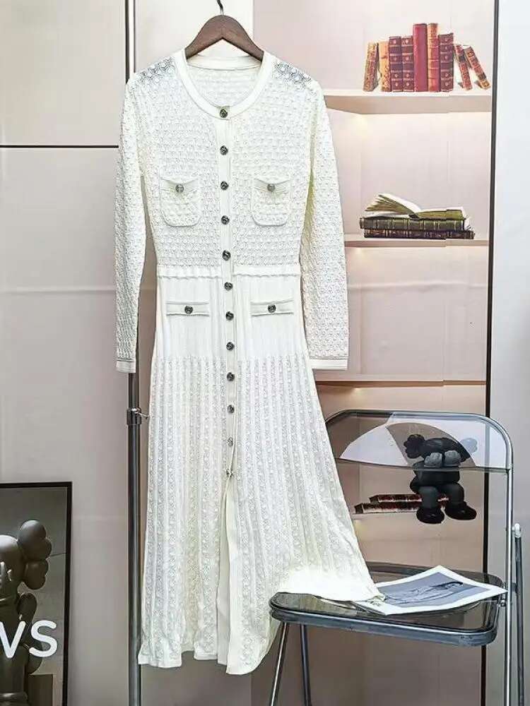 Autumn Winter Black White Single Breasted Casual Sweater Dress Green Elegant Office Women's Temperament Long Sleeve Knit Dresses