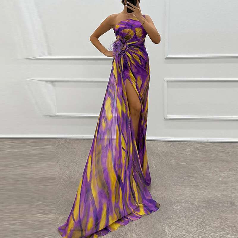 Sexy Sleeveless Backeless High Split Dresses Elegant Contrast Printed Chiffon Fashion One Shoulder Swing Party Long Dress