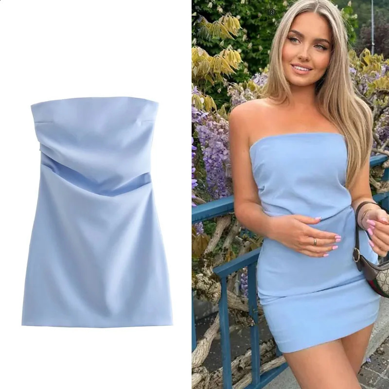 TRAF dress womens off shoulder tight corset short sleeved strapless blue black and white sexy party 250228