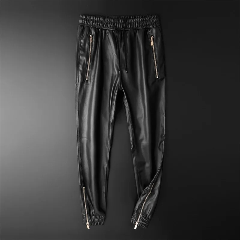 Mens Leather Pants Superior Quality Elastic Waist Jogger Pants PU Leather Motorcycle Trousers Bikers Pants 250228
