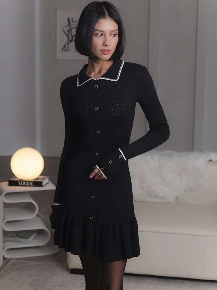 Winter Knitted Long Sleeve Black Turn-Down Collar Slim Single Breasted Autumn Elegant Dress Streetwear