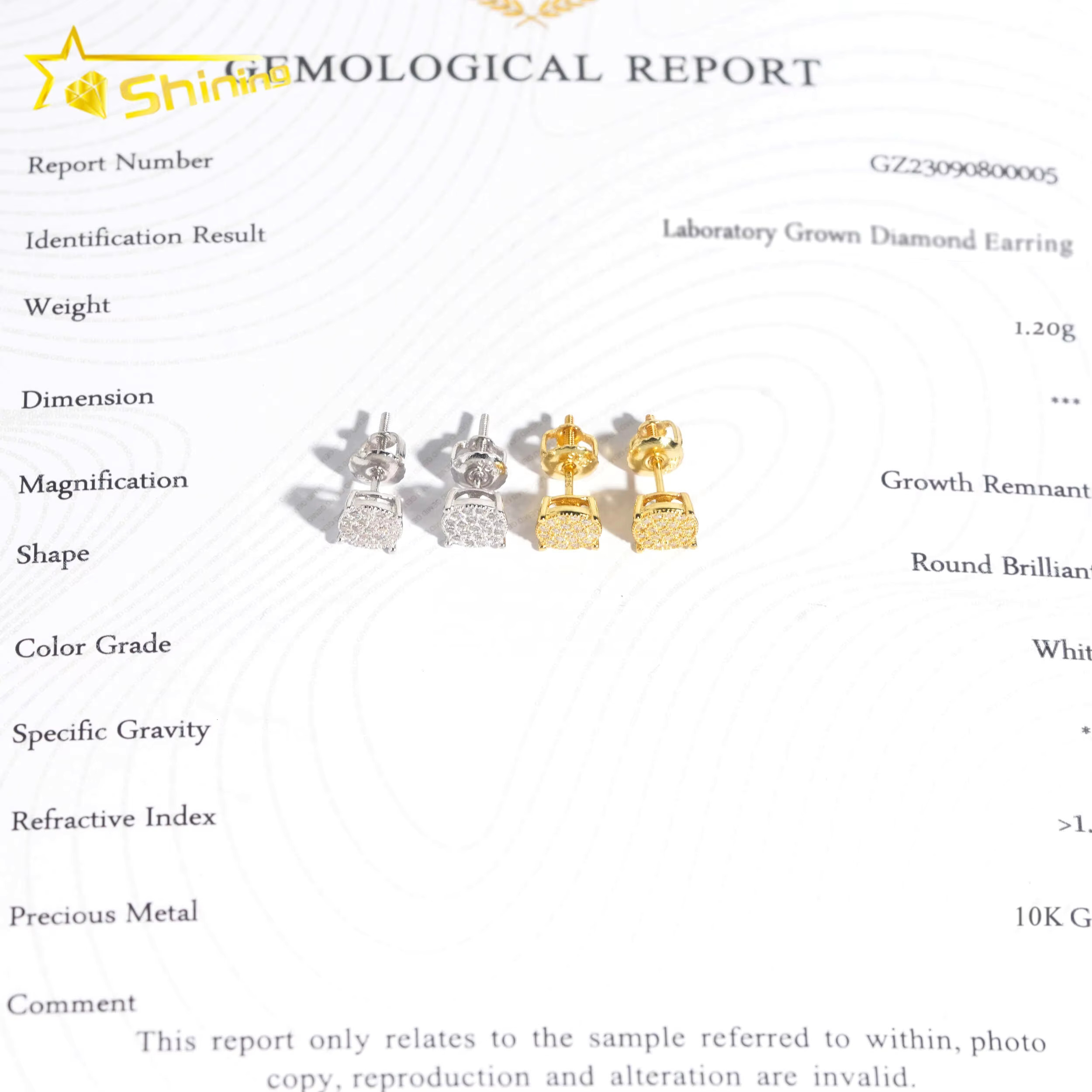 Hot Sale Screw Back 10k Real Gold Hip Hop Lab Grown Diamond Ear Studs Mens Moissanite Earrings