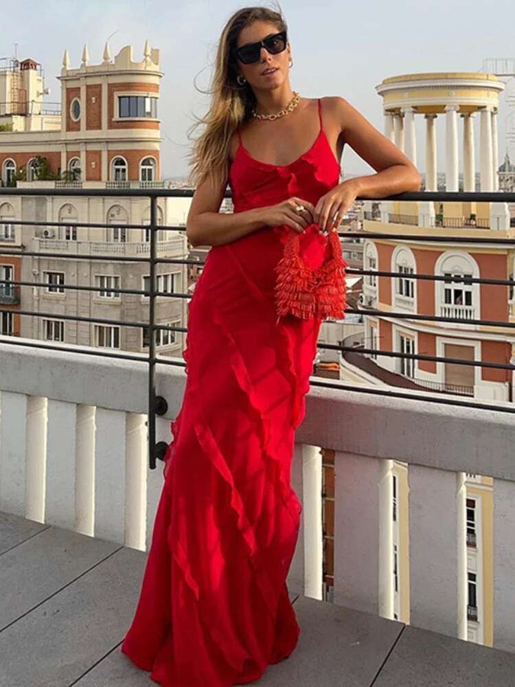 2024 Summer Fashion New Elegant Women's Sexy Chiffon Vacation Sg With Ruffle Edge Style Long Dress