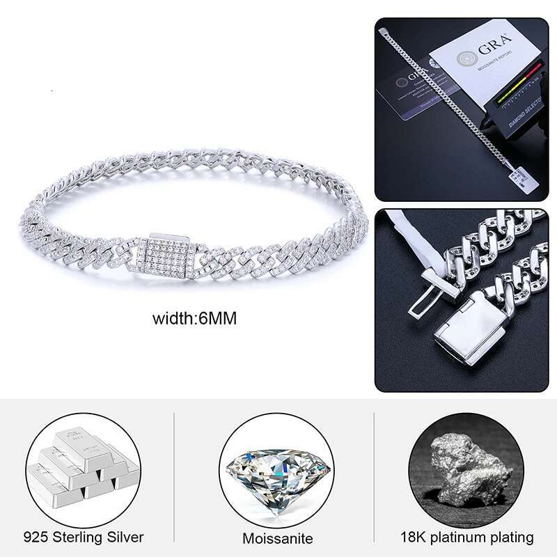 Hip Hop Rock Solid Sterg Sier Created Moissanite Dias Cuban Bracelets For Men Women Fine Jewelry Drop shipping 6MM