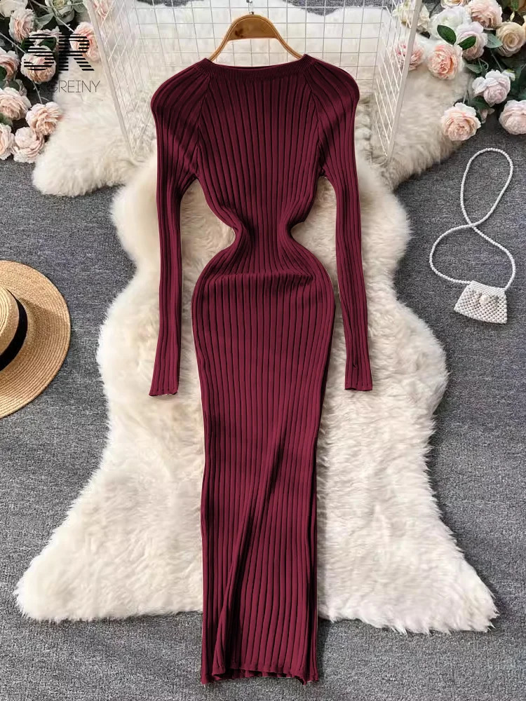 SINGREINY Winter Women Knit Maxi Dress O Neck Autumn Long Sleeve Slim Solid Harajuku Ladies Fashion Pencil Sweater Dresses 250228