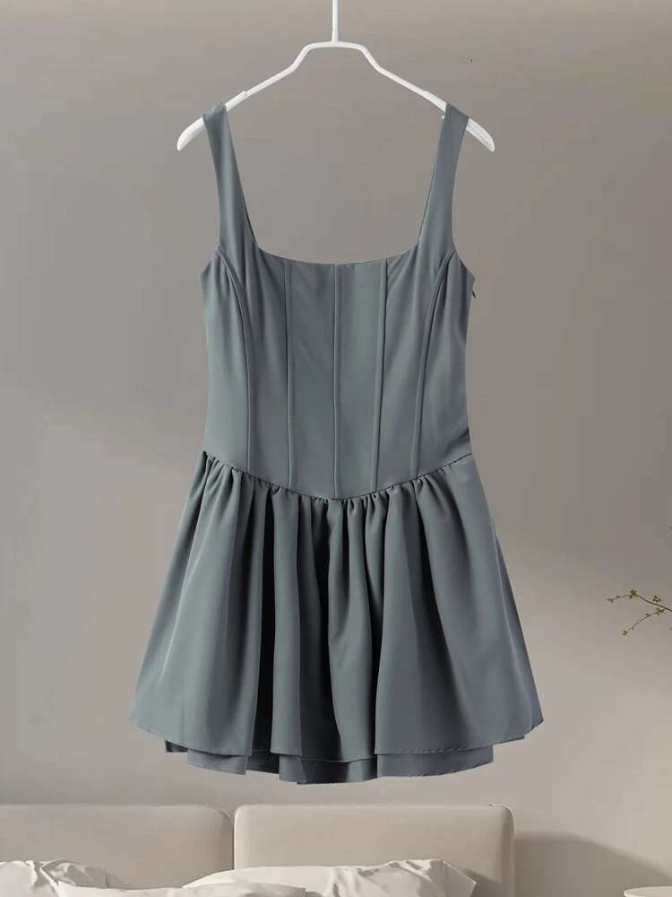 Elgant Sg Mini Dress Women Sexy Slim Square Neck Puffy Robe Female 2024 Fashion Solid Sleeveless A E Party Dresses Lady