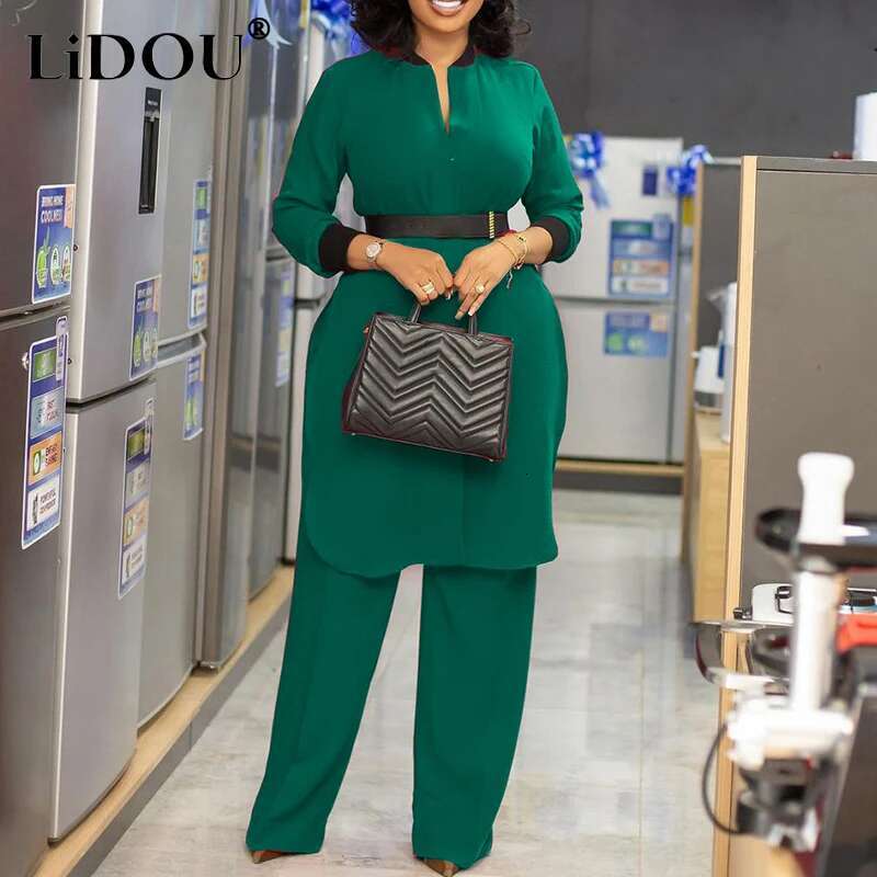 Spring Autumn New Elegant Fashion Plus Size Solid Two-Piece Sets Women Loose Casual Office Lady Wide Leg Pants Oversized Clothes