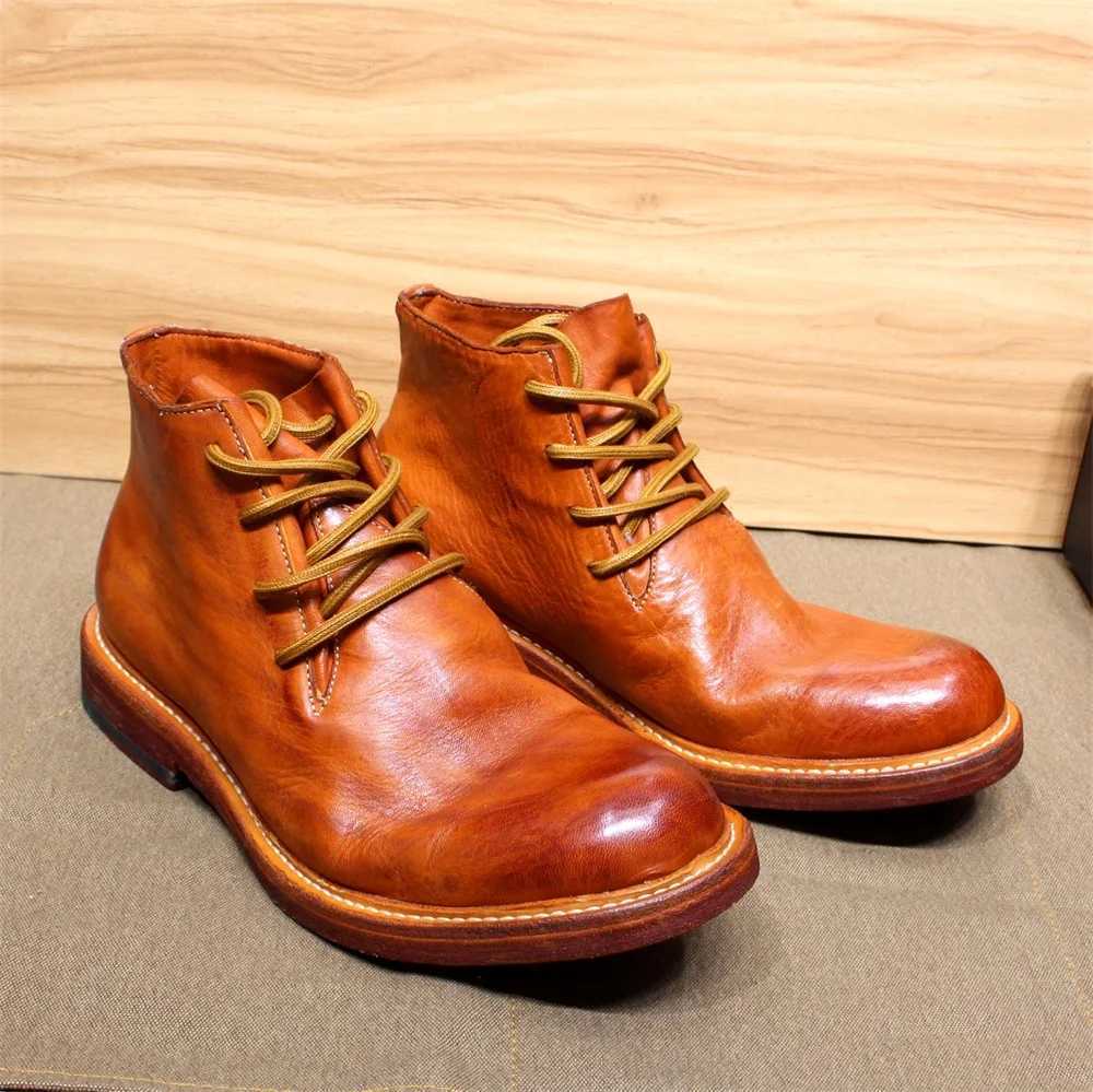 British Style Mens Ankle Boots Soft Calf Real Leather Handmade Motorcycle Boots Leather Sole Comfortable Lace Up Winter Footwear Z250303