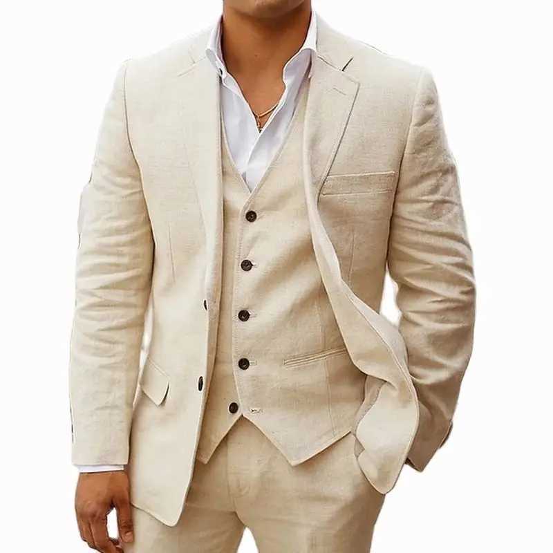 3 Piece Linen Summer Men Suits for Wedding Groom Tuxedos Casual Beach Custom Man Suit Set Jacket Vest with Pants Man Fahion M250303