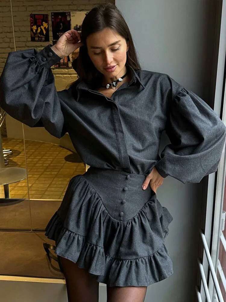 Casual Retro Plaid Women's Puff Sleeve Turndown Collar Ruffly Short Dresses Women New Fashion Vintage Loose Dress