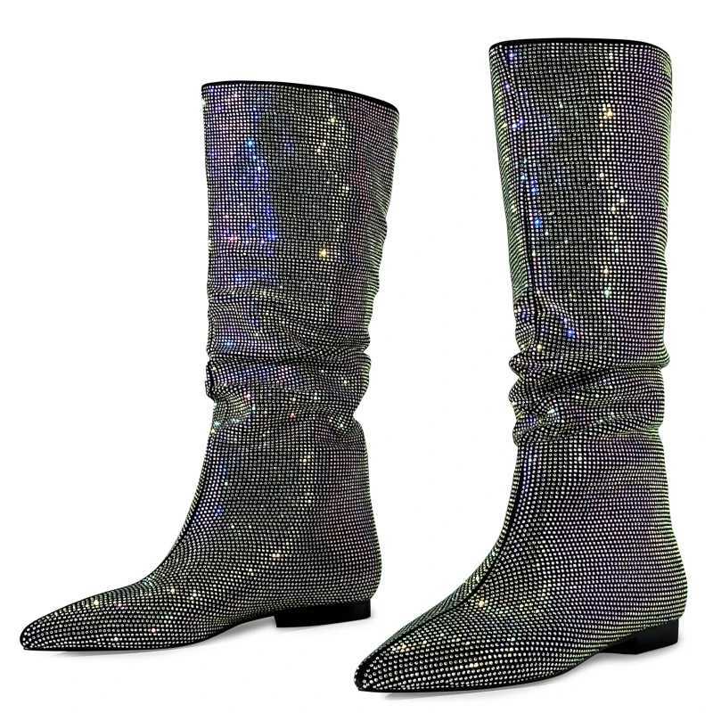 Luxury Crystal Knee High Boots For Women 2024 New Trends Autumn Winter Long Shoes Female Western Boot Large Size Brand Crystal Z250303