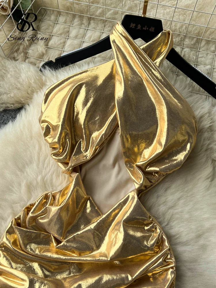 Singreiny French style hollow shiny short skirt fashionable camisole pleated backless sexy dress summer beach mini sun 250227Z