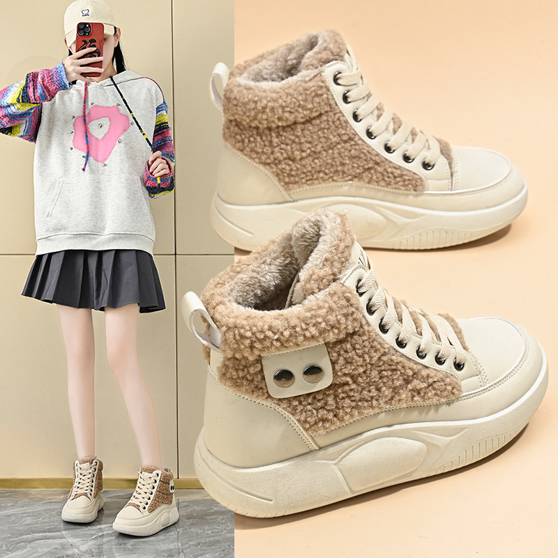 Velvet High Top Designer s New White Hairy Women s 2025 Winter Warm And Casual Height Increasing Cotton Shoes With Added Velvet