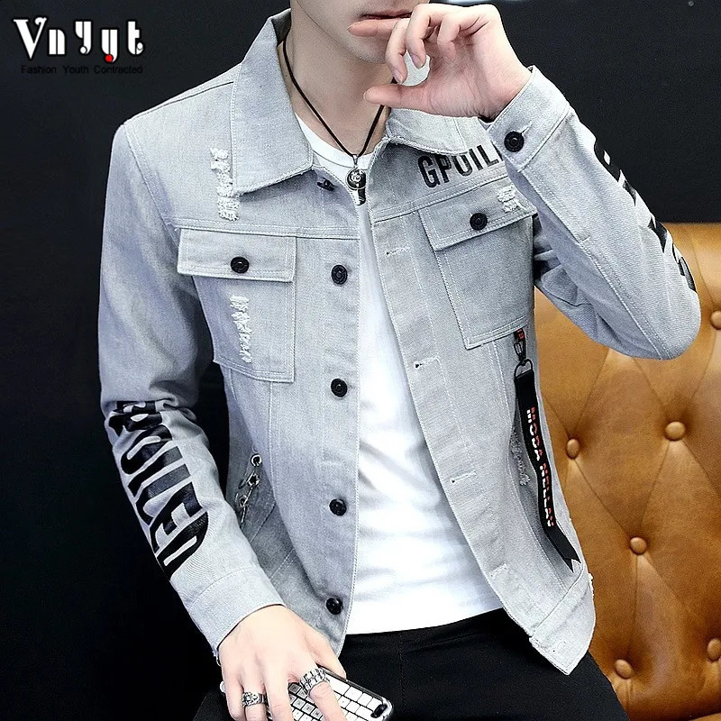Wholesale Ribbon Mens Handsome Thin Jacket Mens frazzle Slim Denim Spring Summer Wild teenagers Printed Denim Jacket 250228