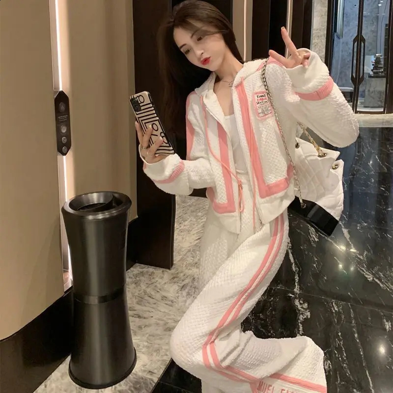 Fashion Track Suits for Women 2 Piece Set 2023 Spring Korean Sweet Cute Coat Zipper Wide Leg Pants Two Sportswear 250225