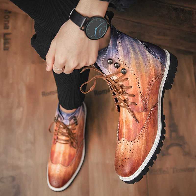 New Style Red Mens Leather Boots Fashion Lace-up Casual Ankle Boots for Men Luxury High-top Dress Shoes Men Cowboy Boots Z250303