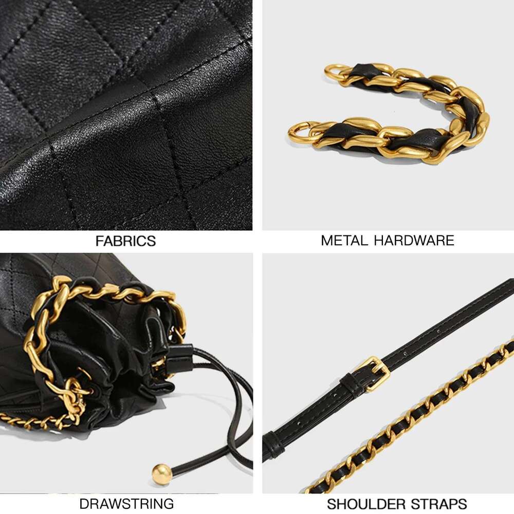 Genuine Leather Quilted Drawstring Bucket Bag Women With Chain Strap Crossbody Handbag For Commuting Christmas Gift