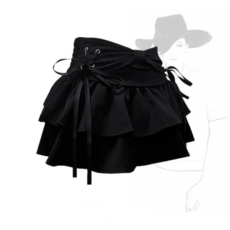 Blue Denim Pleated Skirt Bow Fold Womens A-line Short Skirt Built in Shorts American Spicy Girl Korean Fashion sweet 250228