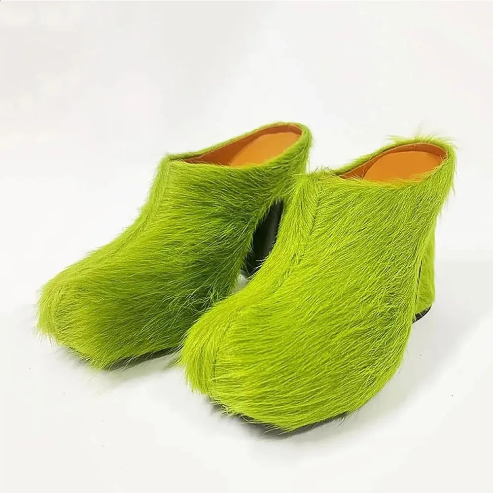 Arden Furtado Autumn Fur Mules Round toe Chunky heels Closed toe slippers Super high heel 250228