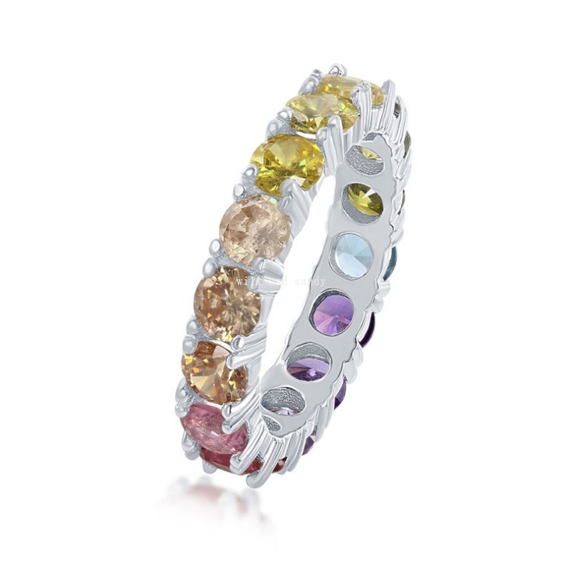 Multicolor CZ Rainbow Diamond Ring Band Charm Engagement Wedding Rings for Women Gift Fine Jewelry