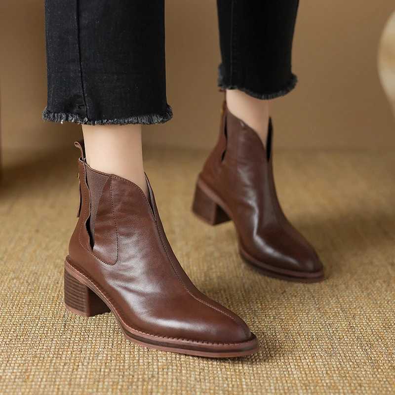 2024 Autumn Women Boots Genuine Leather Shoes for Women Pointed Toe Chunky Heel Shoes Slip-on Ankle Boots Handmade Western Boots Z250303