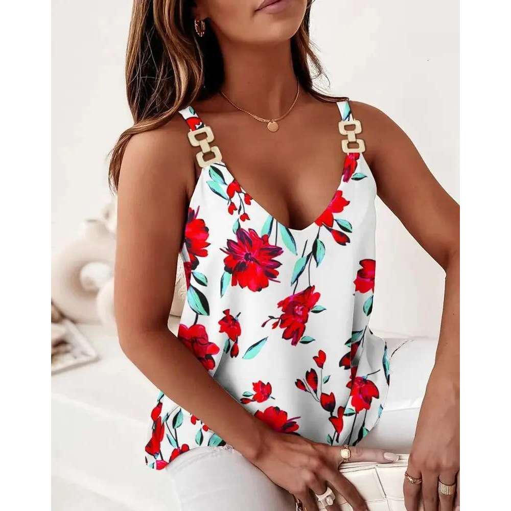 V Geometric Deep Printed Tank Women's Chain Strap Sleeveless T-shirt Summer Trendy Vest Top