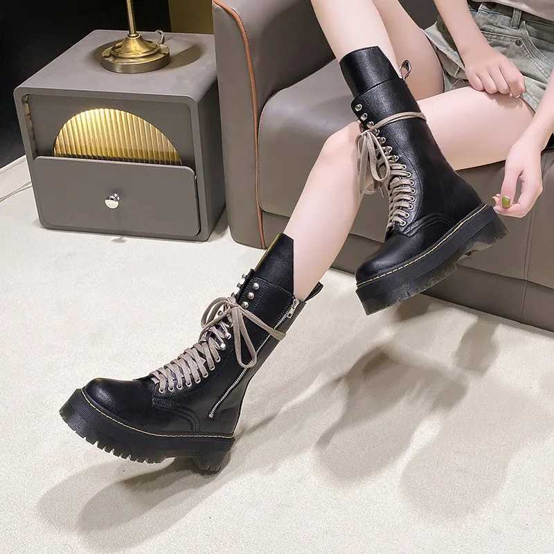 Luxury Thick Sole Womens British Style 2024 Spring and Autumn New Fashion Boots Thin and Tall Mid Barrel Motorcycle Short Boots Z250303