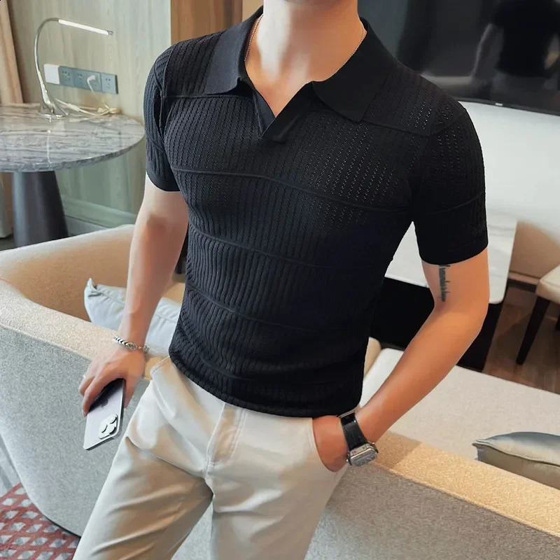 Short sleeved polo shirt mens summer style hollow collar half sleeved T-shirt fashionable short sleeved sweater weight loss gray top 250226