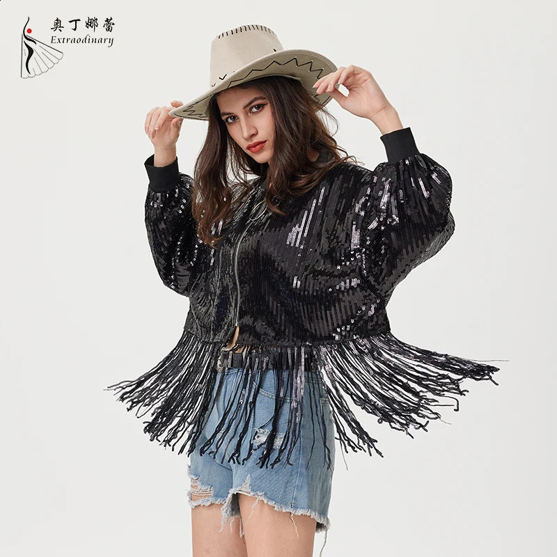 Womens sequined tassel jacket outerwear long sleeved sparkling frontal party bomber 250228