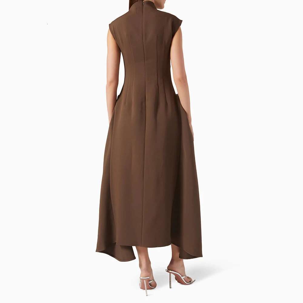 TWOTWINSTYLE Patchwork Folds Dresses For Women Asymmetrical Collar Sleeveless High Waist Solid A E Dress Female Fashion 2024