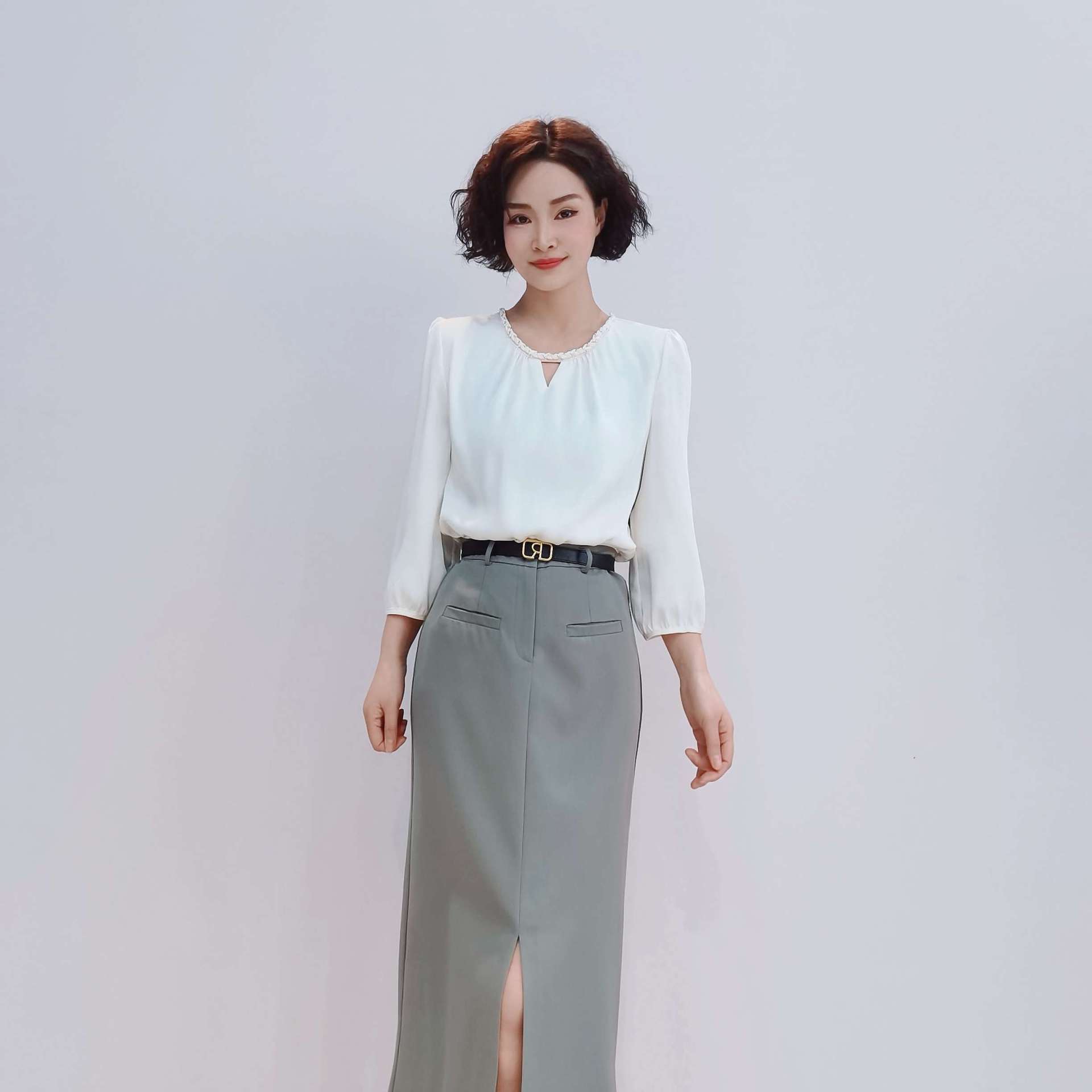 G2390 autumn fashion pure color simple slim temperament all-match medium-length suit skirt