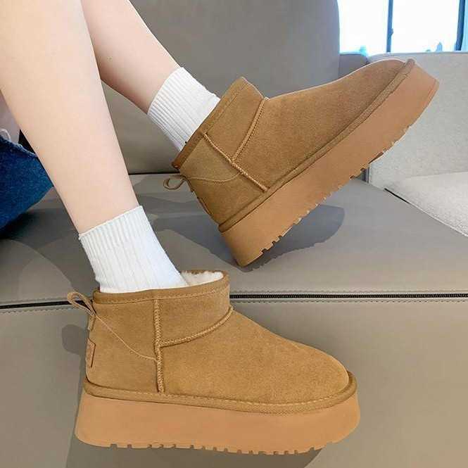 womens snow boots Internet celebrity versatile short tube new style for wearing on the outside thick soled height increasing and plush warm anti slip 