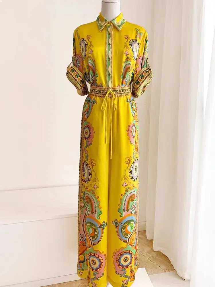 2024 Summer Fashion Womens Shirt Satin Flower Print Half Sleeve Single Breasted Blouse Wideleg Pants Twopiece 250225