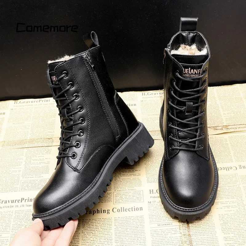 Luxury black leather boots ankle boots plush warm platform shoes British fashion Bottas winter fur boots womens shoes 40 Z250303