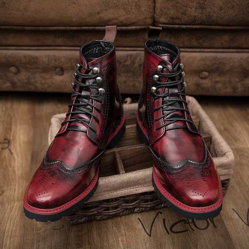 New Style Red Mens Leather Boots Fashion Lace-up Casual Ankle Boots for Men Luxury High-top Dress Shoes Men Cowboy Boots Z250303