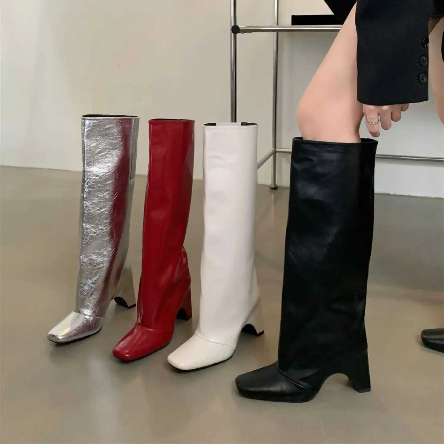 Rubber Bridge Knee High Boots Santiago Black Red White Silver Artificial Leather New Square Toes Fall Luxury Brand Womens Boots Z250303