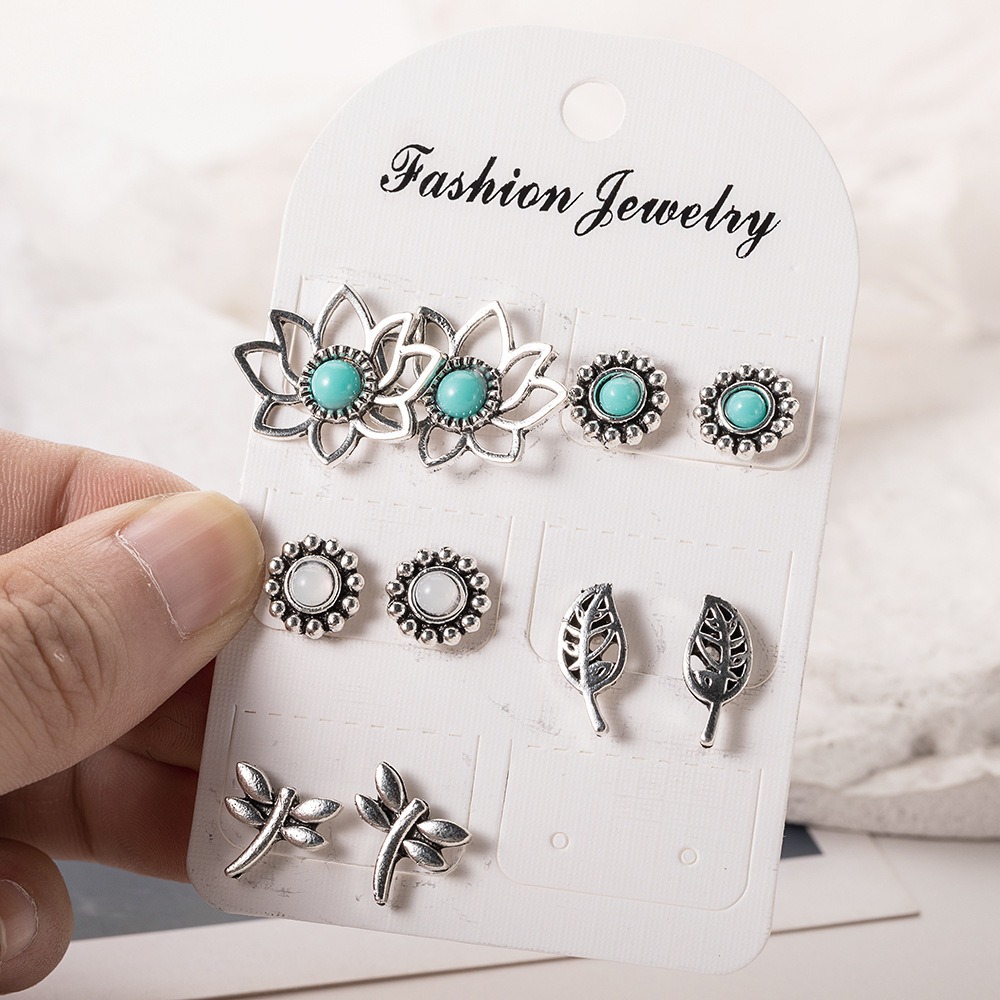 Unique Retro Dragonfly Accessory Kit Featuring Five Pairs of Exquisite Green Turquoise Earrings