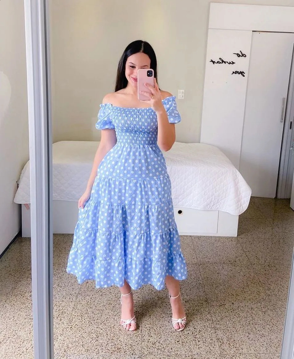 Elegant Womens Off Shoulder Midi Dress Summer Fashion Dress High Waist Flower Printed Short Sleeve Dress Robe Clothing 250226