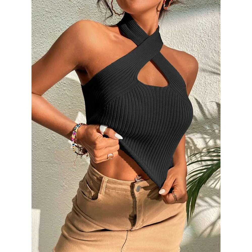 Fashion Summer Criss Cross Ribbed Knit Halter Crossfit Y2K Crop Top Clothes Femme Sexy Casual Backless Cropped Tank