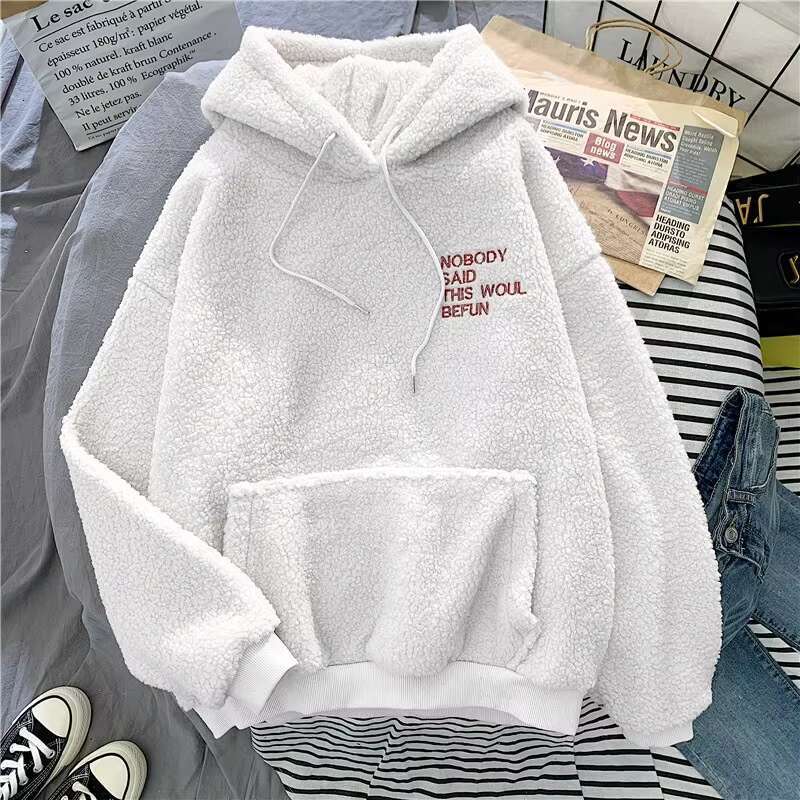 Thickened Sweatshirt Casual Solid Long Sleeve Loose Fit Tops Pullover Female Autumn Winter Women Hoodies