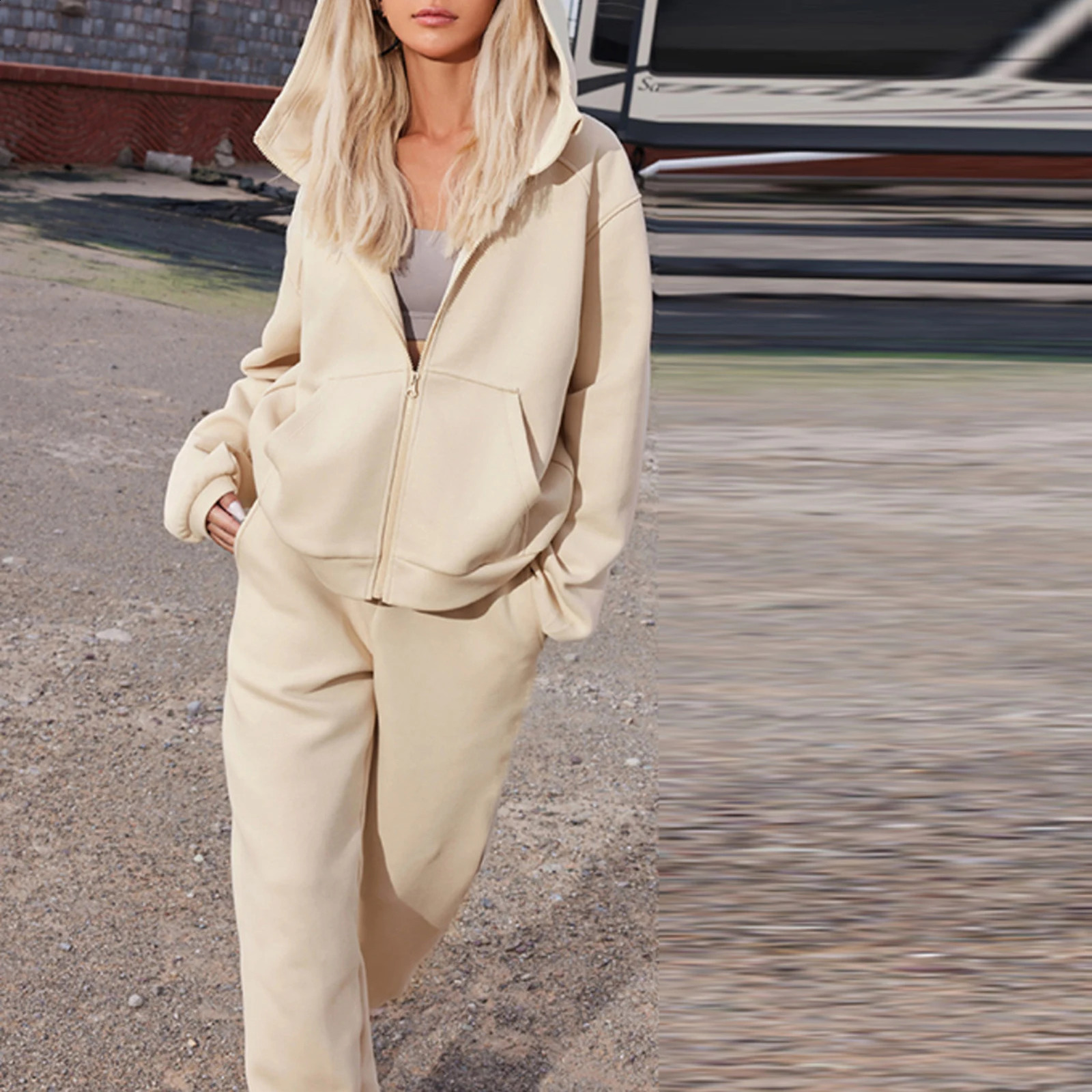 Hoodie Two Piece Set Casual Long Sleeve Top Baggy Pants Zipper Up Ladies Coat Tops Trousers Elastic Waist Tracksuit 250225