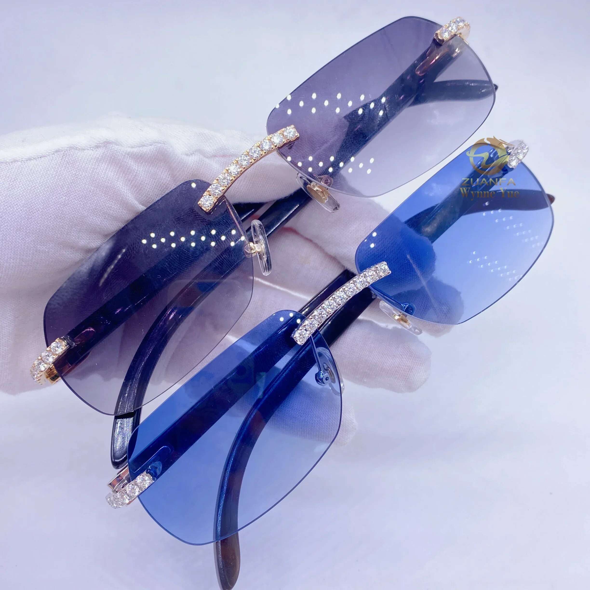 Stylish Hot Classic Design 10K Real Solid Gold VVS Moissanite Colored Lens Mens Sunglasses