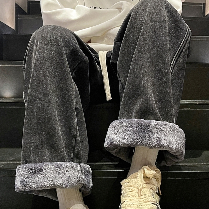 Winter Mens Jeans Korean Fashion Fleece Liner Thick Warm Straight Denim Pants Washed Cotton Retro Blue Wide Leg Jean Trousers w250210