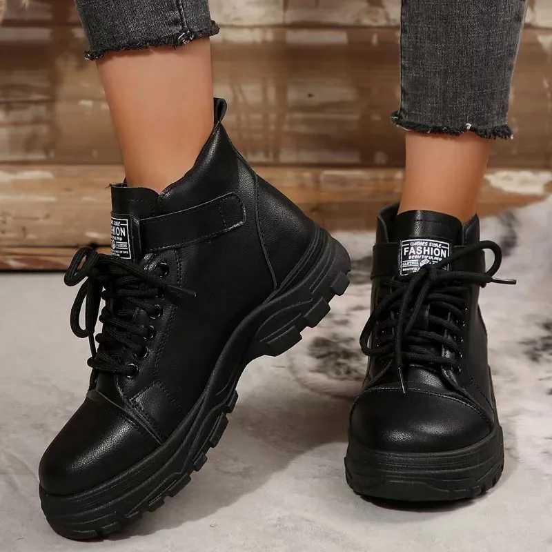 2025 New Winter Black White Boots Womens Ankle Boots Lace-up Platform Sole Womens Warm Anti-Slip Boots Z250303