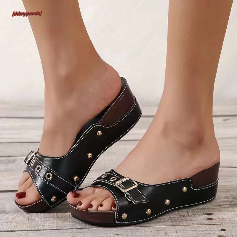 women Metal Buckle Women's Wedge Slippers 2023 Vintage Rivet Platform Sandals Woman Pu Leather Plus Size Summer Shoes 43 #ddmypanda