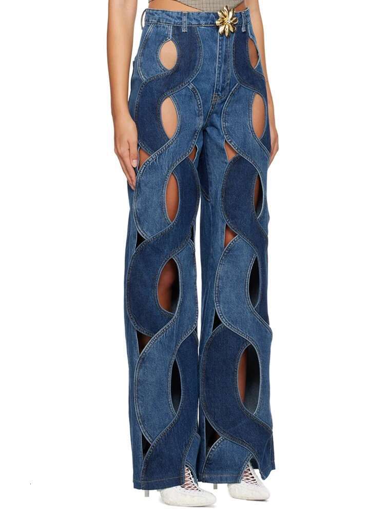 TWOTWINSTYLE Hollow Out Chic Jeans For Women High Waist Patchwork Ral Temperament Vintage Jean Female Fashion Style Clothing
