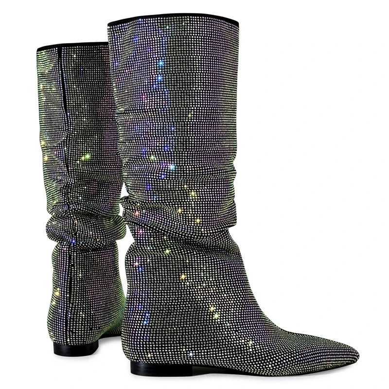 Luxury Crystal Knee High Boots For Women 2024 New Trends Autumn Winter Long Shoes Female Western Boot Large Size Brand Crystal Z250303
