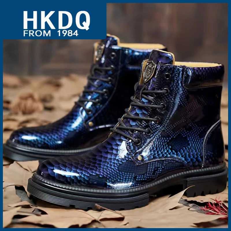 HKDQ Luxury Snake Designer Ankle Boots Men Fashion Blue Patent Leather High Top Boots Men Quality Glitter Mens Platform Boots Z250303