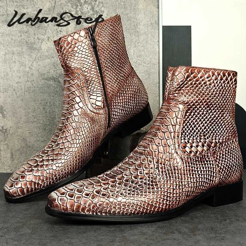 Luxury Brand Men Chelsea Boots Zip Snake Print Casual Mens Dress Shoes Wedding Party Real Leather Winter Ankle Boots Men Z250303
